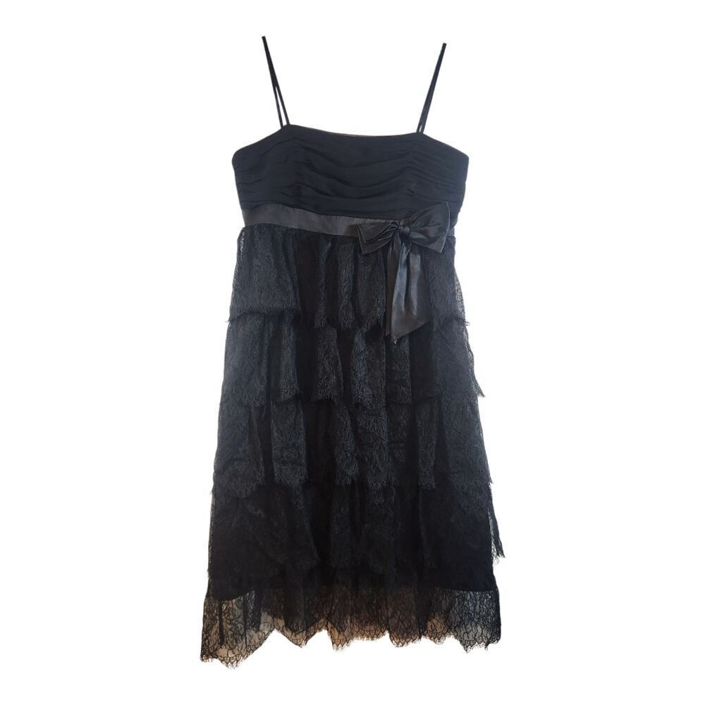 Laundry by Shelli Segal sz 6P black strapless lace silk tiered babydoll bow